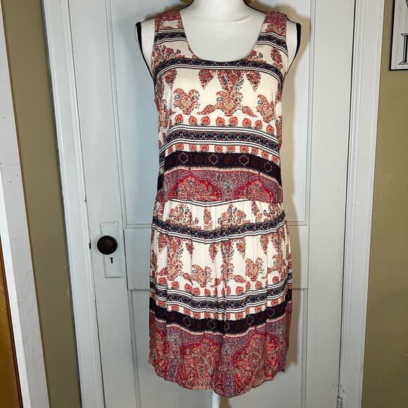 Miami Brown and Red Floral Print Boho Sleeveless Mini Dress Size Large - Picture 1 of 8